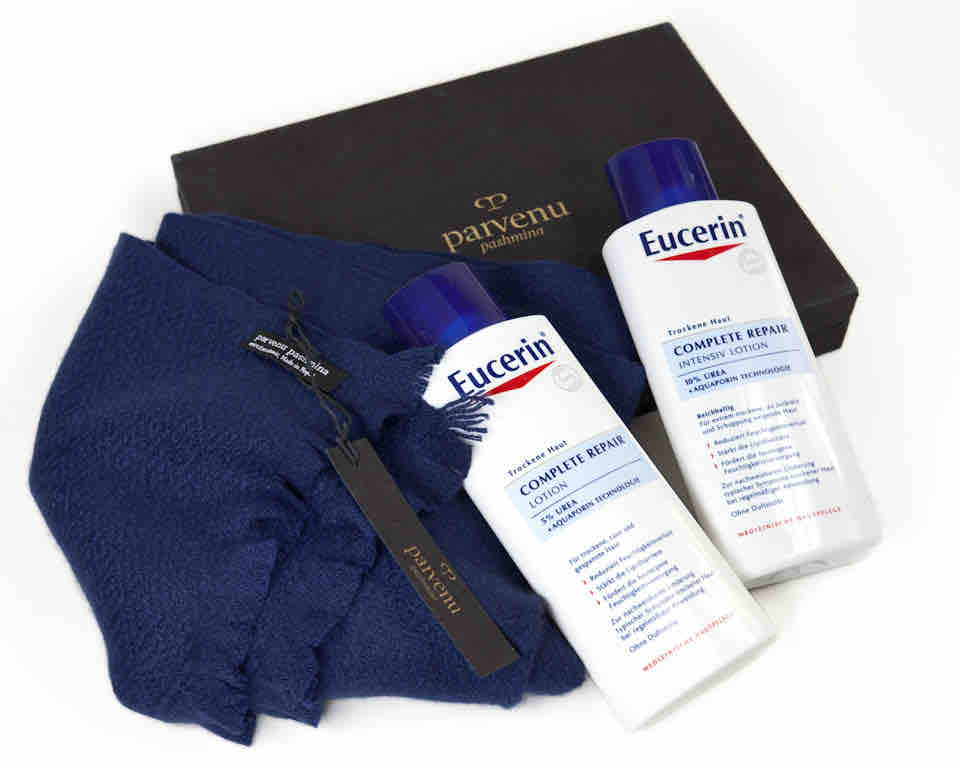 EUCERIN Complete Repair Intensiv Lotion Urea Aquaporin Gewinnspiel PARVENU Kashmir Pashmina