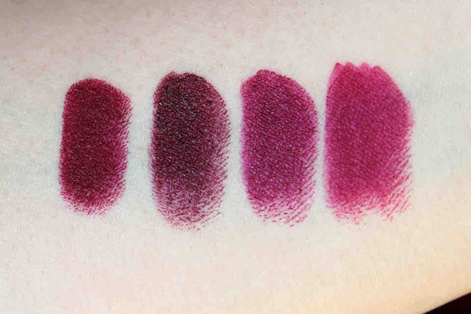 Swatches v.l.n.r.: Colourpop "LBB" - Lipstick Queen "Posessed Intense" - MAC "Rebel " - Kat von D "Bauhau5"