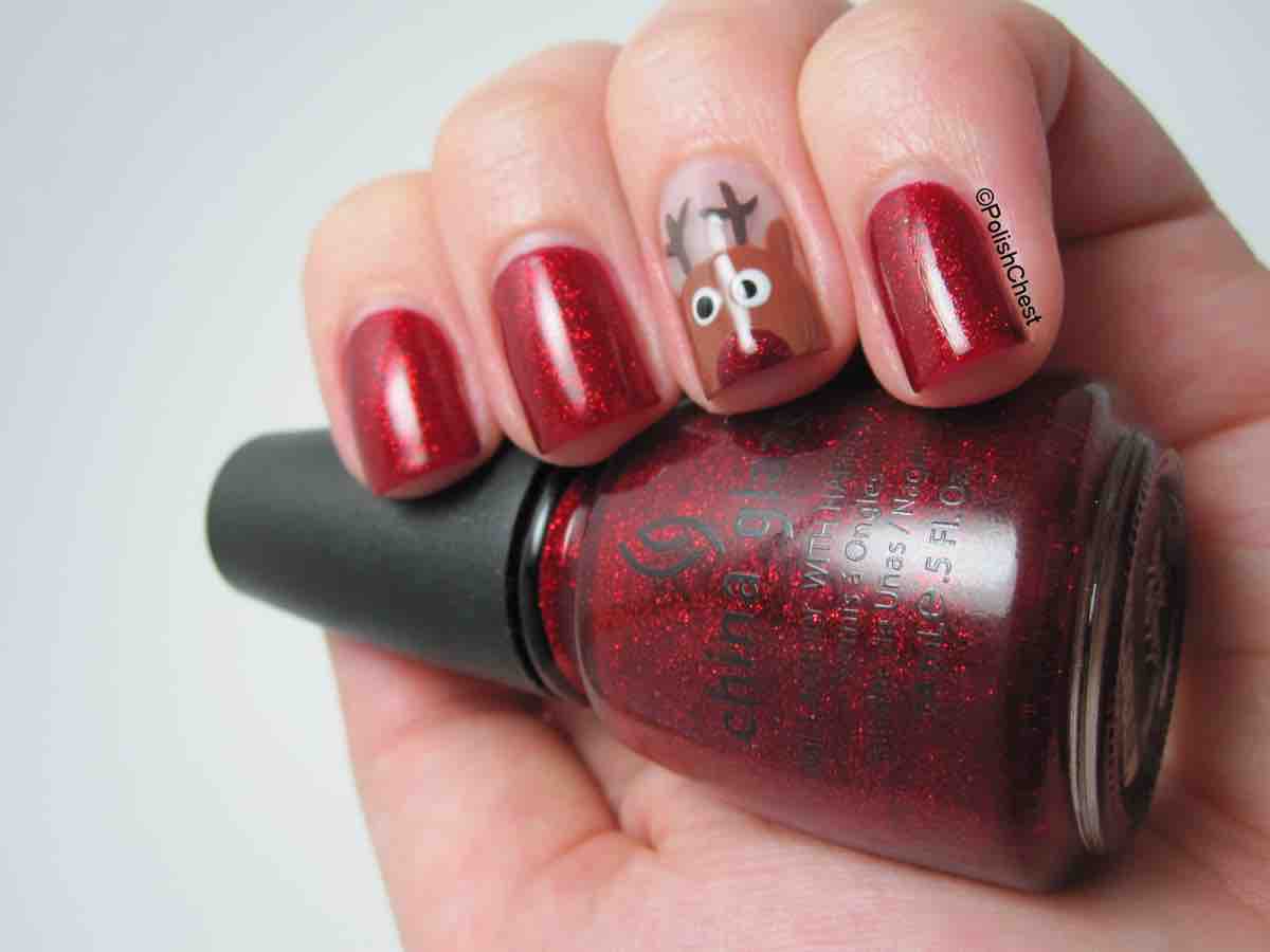 Weihnachts Nail Design: Rudolph Rendeer glitzer rot